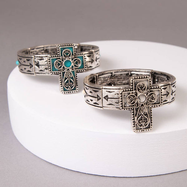 Western Scrolled Filigree Cross Stretch Bracelet