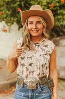 Ivory Horse Printed Yoke Sleeveless Shirt