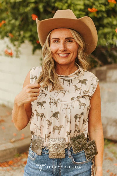 Ivory Horse Printed Yoke Sleeveless Shirt