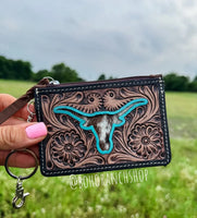Longhorn Western Cowhide Leather Keychain Wallet