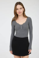 Lace Trim Button Detail Long Sleeve Knit Top