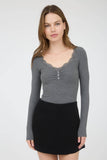 Lace Trim Button Detail Long Sleeve Knit Top