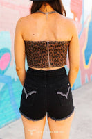 Leopard Stretch Denim Corset Strapless Top