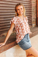 Plus Size Rust Aztec Short Sleeve V-Neck Ruffle Sleeve Top