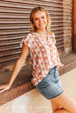 Plus Size Rust Aztec Short Sleeve V-Neck Ruffle Sleeve Top