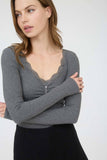 Lace Trim Button Detail Long Sleeve Knit Top