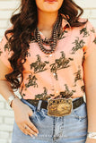 Peach Cowboy Cowgirl Printed Pearl Snap Button Down Top