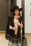 Black Camel Stitch Aztec Embroidered Fringe Cape