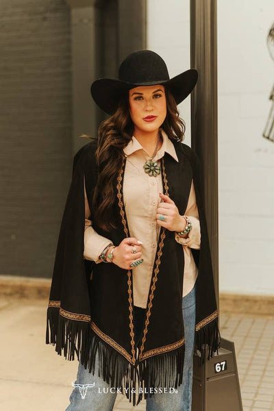 Black Camel Stitch Aztec Embroidered Fringe Cape