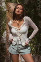 RAVENLEE Sheer Floral Lace Ruffle Self Tie Long Sleeve Top