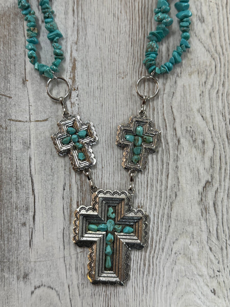 Double Layered Turquoise Chips w/ Cross Necklace