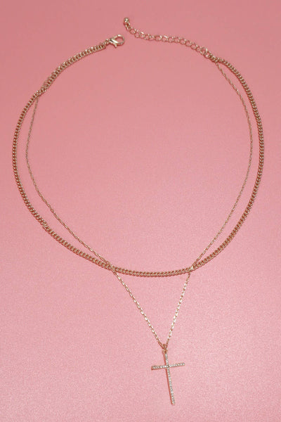 Double Layer Rhinestone Cross Charm Necklace