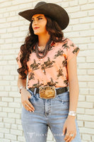Peach Cowboy Cowgirl Printed Pearl Snap Button Down Top