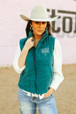 Plus Size Teal Puffer W Aztec Lining Boot Stitch Detail Vest