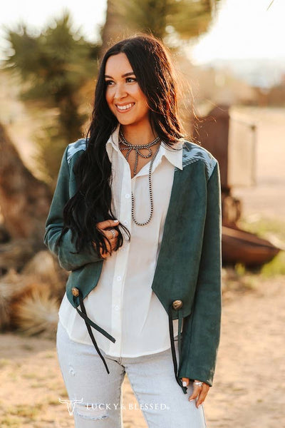 Teal Suede Aztec Detail Yoke Front Tassel Jacket