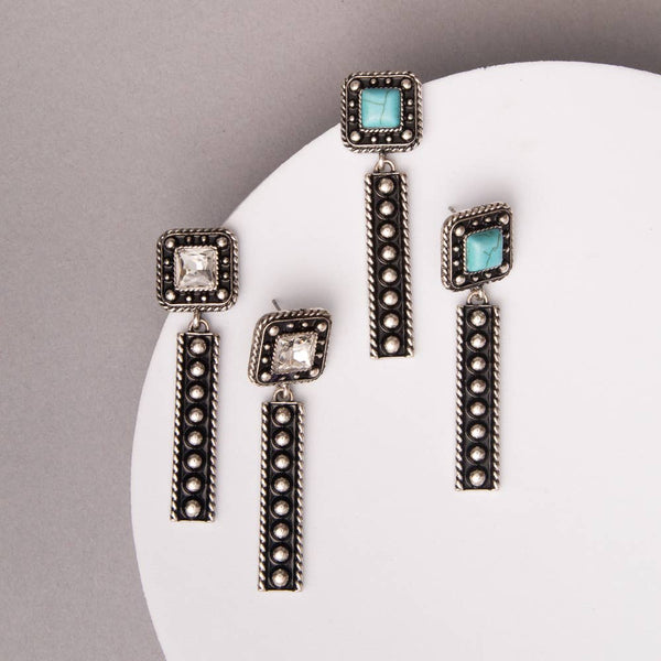 Western Square Concho Earrings with Crystal or Turquoise