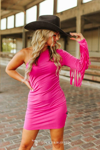 Fucshia One Shoulder Long Fringe Sleeve Mid-Thigh Dress