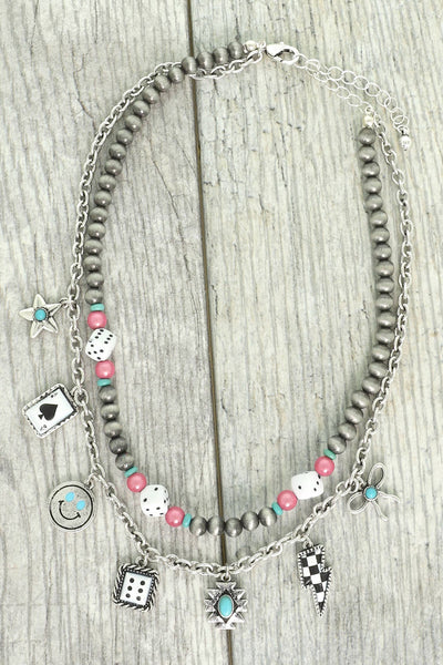 Western Gambling Theme Embellished Multi-Charm Necklace