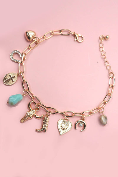 Charm Bracelet- Western, Boot, Bullhead, Stone