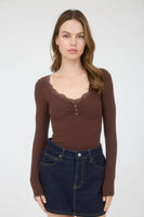 Lace Trim Button Detail Long Sleeve Knit Top