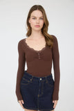 Lace Trim Button Detail Long Sleeve Knit Top