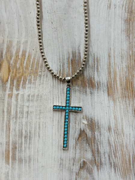 16" 4mm Silver Navajo Bead, Cross Necklace