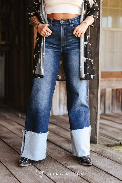 Plus Size Dark Wash High Rise Cuffed Wide Leg Jeans