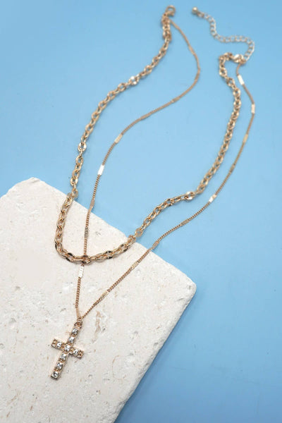 Double Layer Rhinestone Cross Necklace