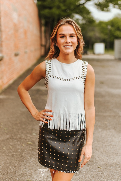 Ivory Studded Fringe Hem Sleeveless Top
