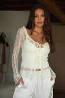 RAVENLEE Sheer Floral Lace Ruffle Self Tie Long Sleeve Top