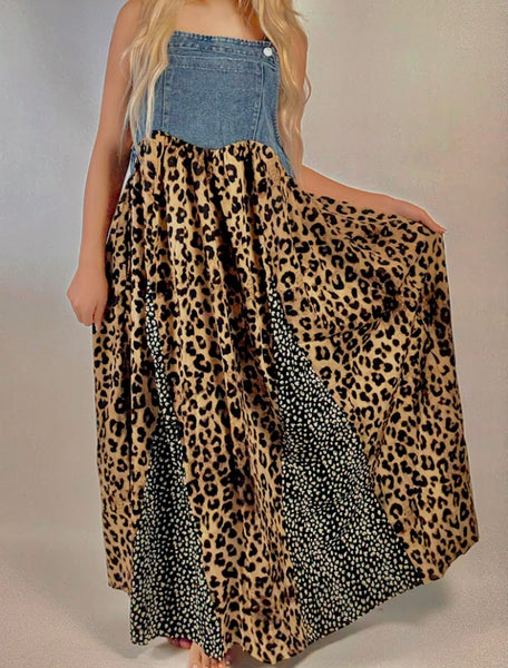 Denim/Leopard Overall Dress