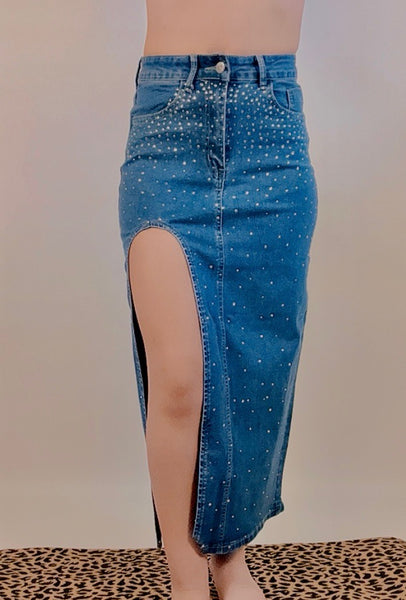 Denim Rhinestone Maxi Skirt