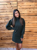 MOCK NECK LONG PUFF SLEEVE KNIT SWEATER DRESS