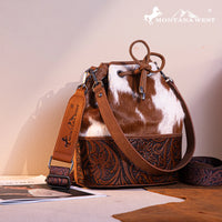 Cowhide Tooled Bucket Crossbody