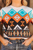 Ivory Orange Turquoise Aztec Printed Short Sleeve Top