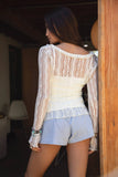 RAVENLEE Sheer Floral Lace Ruffle Self Tie Long Sleeve Top
