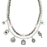 Western Gambling Theme Embellished Multi-Charm Necklace