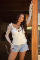 RAVENLEE Sheer Floral Lace Ruffle Self Tie Long Sleeve Top