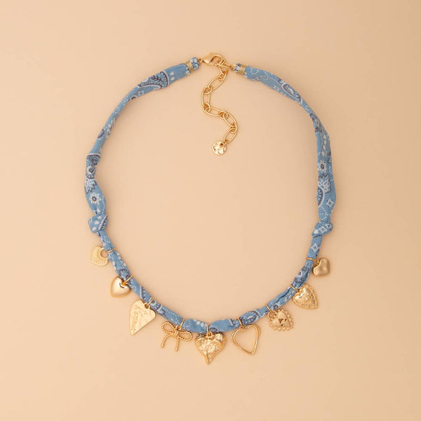 Bandana Necklace with Gold Heart and Charm Trinkets