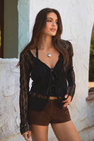 RAVENLEE Sheer Floral Lace Ruffle Self Tie Long Sleeve Top