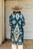 Teal Ivory Aztec Knitted Button Down Cardigan Sweater