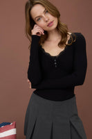 Lace Trim Button Detail Long Sleeve Knit Top