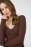 Lace Trim Button Detail Long Sleeve Knit Top