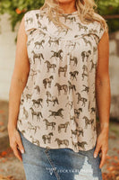Ivory Horse Printed Yoke Sleeveless Shirt