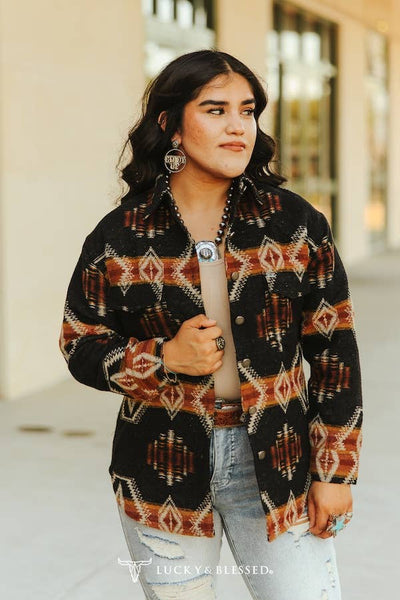 Black Orange Beige Aztec Button Down Shacket