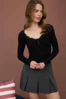 Lace Trim Button Detail Long Sleeve Knit Top