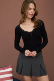 Lace Trim Button Detail Long Sleeve Knit Top