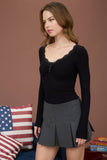 Lace Trim Button Detail Long Sleeve Knit Top