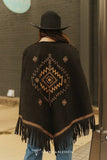 Black Camel Stitch Aztec Embroidered Fringe Cape