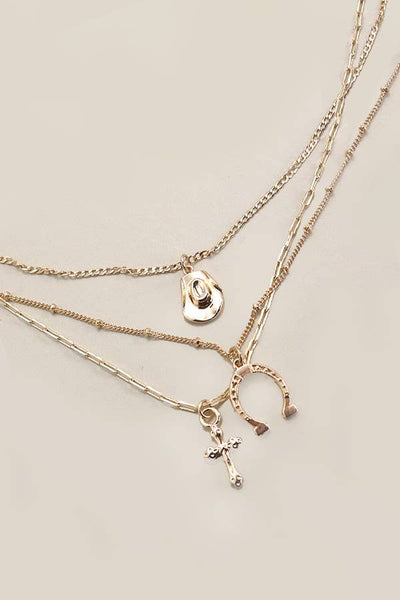Trio Layer Horseshoe, Hat, Cross, Charm Necklace